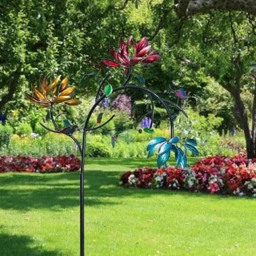 Large Metal Wind Spinner with Three Spinning Flowers Butterflies Windmill Wind Sculpture for Outdoor Garden Art Decor