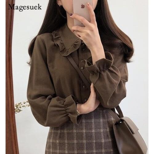 Autumn Ruffles Vintage White Shirt Women Harajuku Loose Long Sleeve Top Women Office Cadigan Blouses Women Casual Blusas 11684
