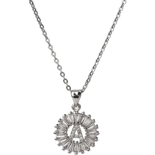 Fashion Stainless Steel Necklace Clear Crystal Round Initial Alphabet A C M N S Pendant Chain Jewelry Women Gift 45cm Long, 1PC