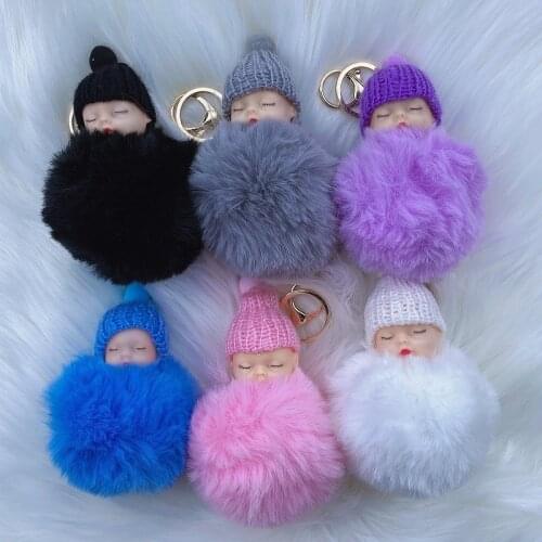 7cm Fashion Sleeping Doll Keychain Fur Ball Plush KeyChain Keyring Women Handbag Car Key Holder Bag Pendant Toys for Kids Gift