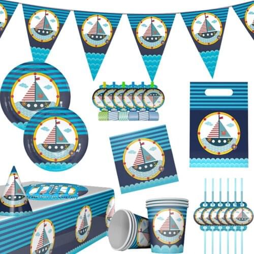 Navigation Set Sail Theme Party Disposable Tableware Set Paper Cups Plates Hat Straw Blowout Children Birthday Party Decoration