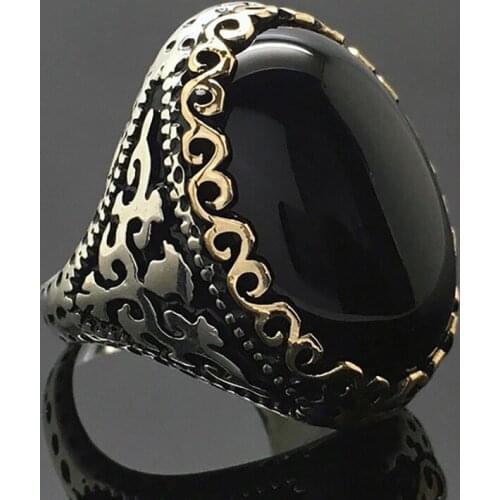 The new silver inlaid oval black agate ring for the cocktail party, exaggerated simplicity and charm for ladies jewelry