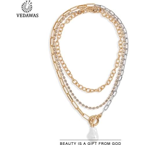 Vedawas Gold Silver Color Two Tone Splicing Metal Chain Necklace For Women 2020 White Irregular Pearl Pendant Necklace Jewelry