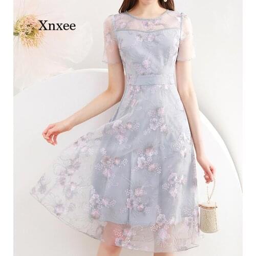 Floral Print Mesh Midi Dress New Holiday Princess Womens Short Sleeve Ruffle Printed Office Lady Fairycone Long Dresses Clothes