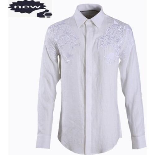 New Embroidery Shirt Men Long Sleeve Brand Mens Clothes Fashion Slim Fit Linen Tops Autumn Casual Male Button Up White Shirts