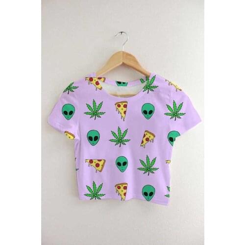 Custom Made Your Designs Sublimation Print UFO Pizza and Stonners Milk Silk Crop T-Shirt Tops