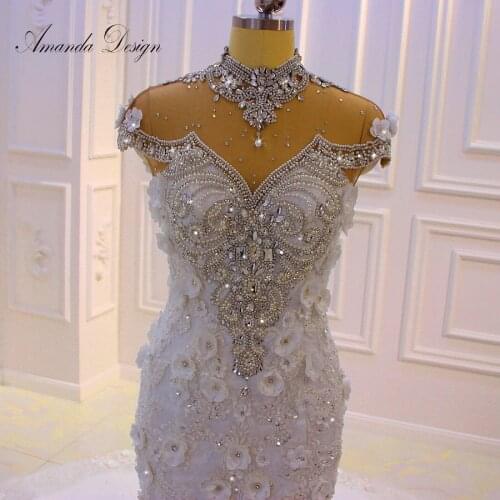Amanda Design Luxury High Neck Rhinestone Crystal Flowers Mermaid African Wedding Dress