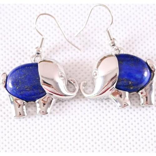 Jewelry Gift for Women Dangle Earrings Natural Blue Lapis Oval CAB Cabochon 16x28MM Animal Elephant Earring 1Pair U104