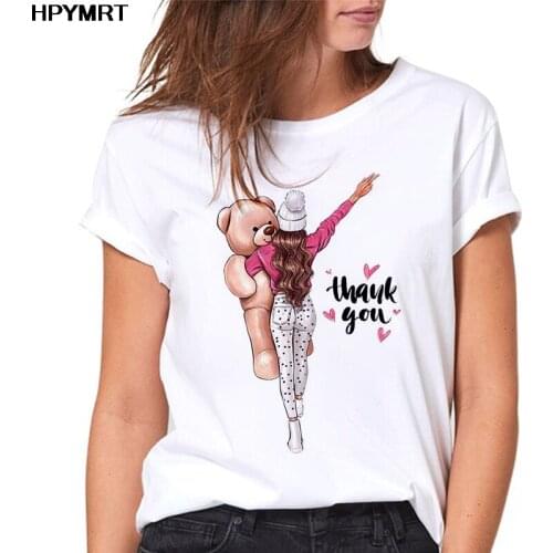 Girl hugging bear Print Summer Harajuku aesthetic Female O-neck Tshirt Tops & Tees Fashion Casual T Shirt Women Clothing T-shirt