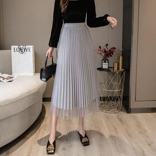 New Fashion Patchwork Mesh Midi Skirt Women Bright silk High Waist Gray Pleated Skirts Elegant Korean Style Lady Streetwear