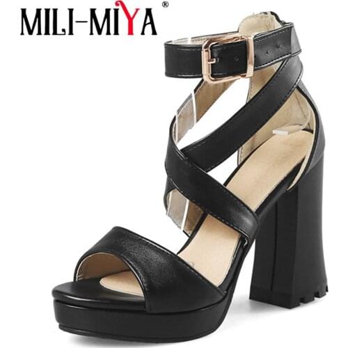 MILI-MIYA Fashion New Arrive Summer Ladies Shoes Buckle Elegant Thick Heel Cross-Strap Women Sandals High Heels Pu Leather Shoes