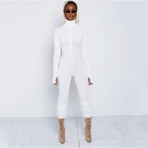 2020 new arrival women jumpsuit solid bodysuit long sleeve zipper deep v-neck sexy bodysuit party night workout outfits clubwear