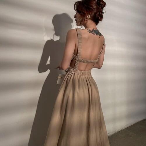 2021 Summer Elegant Khaki Linen Sexy Backless Off Shoulder Dress Sleeveless Hollow Out Collect Waist A Line Long Dresses Women