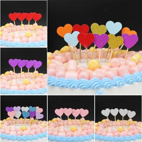 10pcs/bag Rainbow Color Sparkling Heart Shape Party Ice-cream Cupcake Toppers Picks Wedding Party Decor Valentines Day Supply