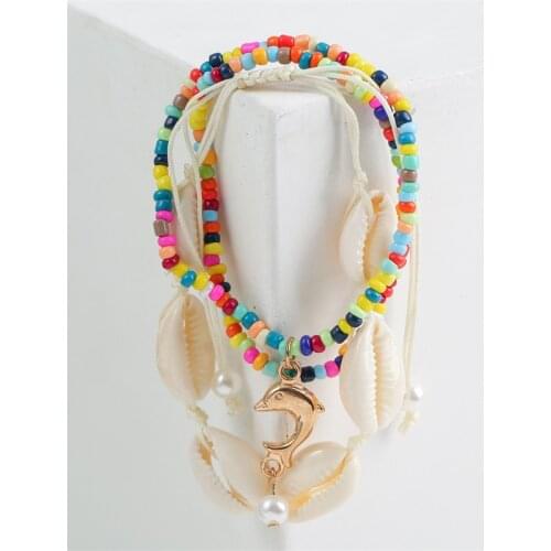 3 Pcs/Set Bohemia Female Multicolor Glass Beads Natural Shell Charm Bracelets For Women Gold Metal Dolphin Pendant Bracelet Gift
