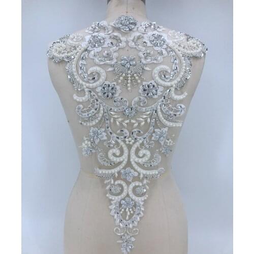 Handmade sew on silver /ivory rhinestones applique crystals trim patches 54*33cm for dress DIY accessories