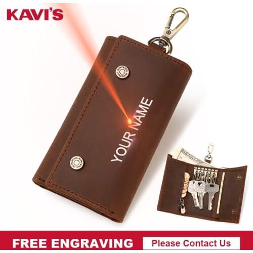 KAVIS Engraving Genuine Leather Keychain Small Men Mini Key Holder Organizer Pouch Cow Split Car Key Wallet Housekeeper Key Case