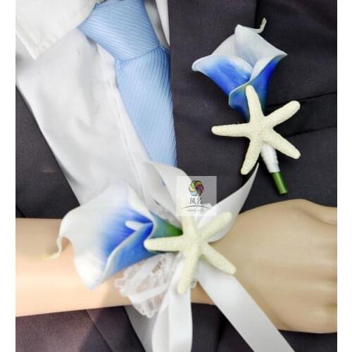 Handmade Wedding Groom Boutonniere Bride Bridesmaid Hand Wrist Flower Artificial PU Calla Lily Flowers Starfish Wedding Corsages