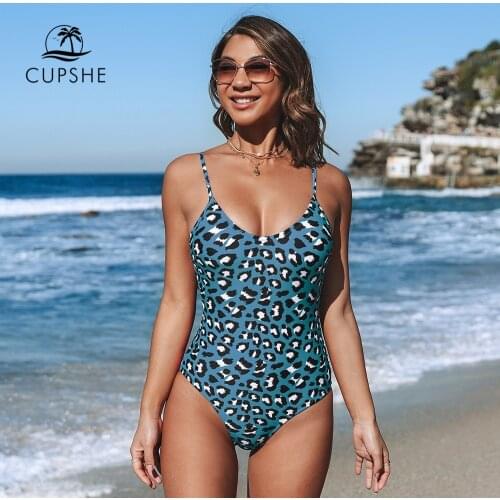 CUPSHE Blue Leopard print V-neck One-Piece Swimsuit Sexy Cutout Padded Women Monokini 2021 Girls Beach Bathing Suits Swimwear