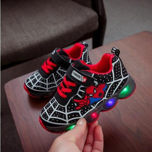 Disney Cartoon Boys Spiderman Shoes Child Luminous Sneakers Brand Mesh footwear Kids LED Flashing Shoes Baby Casual Shoe