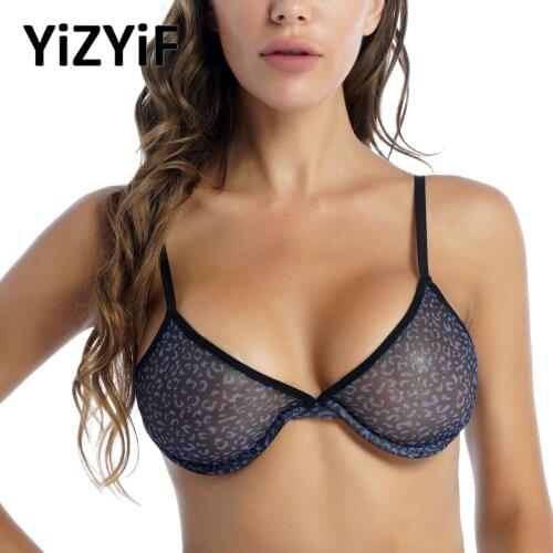 Women Sexy Leopard Print See-through Mesh Bra Adjustable Transparent Bikini Top Underwear