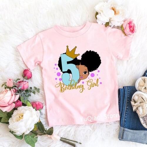 Kids Birthday Number 2-11 Lovely Little Black Melanin Princess Print Tshirt Pink Baby Clothes Girls T-Shirt Summer Top Gift Tee
