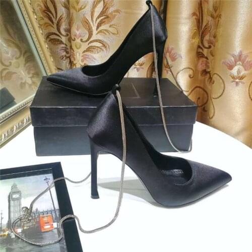 Classic Ankle Srap Womens Pointed Toe Pumps Metal Chains Female Dress Wedding Shoes Stiletto Heels Sandals Plus Size