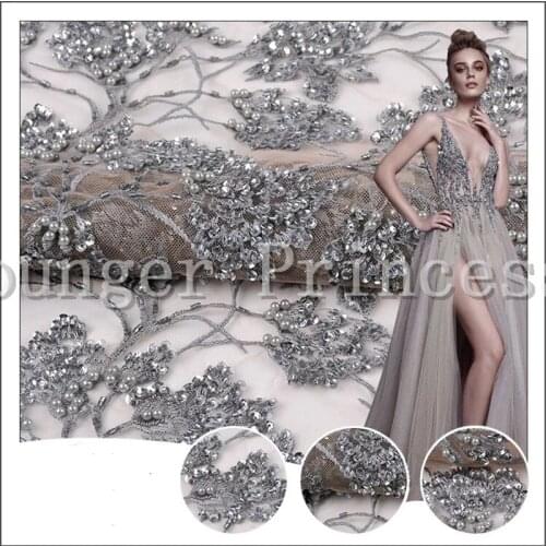 Beautiful luxury beaded embroidered Nigerian french lace fabric YG-754 Embroidered lace fabric with beads for Nigerian dress