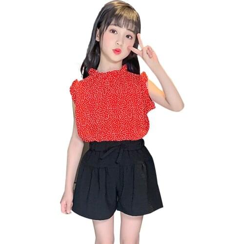 Girls Summer Clothing Dot Pattern Costume For Girls Vest + Short Clothes For Girls Casual Style Childrens Clothing