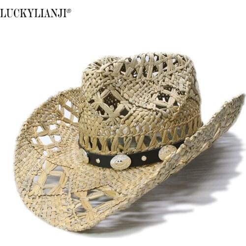 LUCKYLIANJI Womens Mens Unisexs Vintage Wide Brim Straw Sun Beach Cowboy Cowgirl Western Hat Punk Leather Band (One Size 58cm