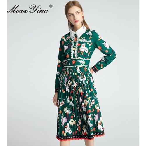 MoaaYina Fashion Designer dress Autumn Womens Dress Long Sleeve Beading Playing cards Small animals Print Pleated Dresses