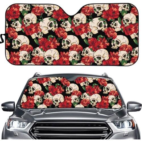 INSTANTARTS Fashion Beautiful Skull Floral Design Gloss Sunshade Heat Reflector Fold-up Sunshade for Windshields Car Sun Shade