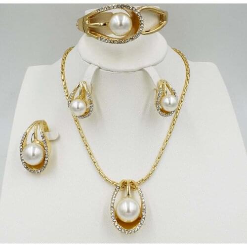 Nwe Dubai Fashion Charming Womens Jewelry Set Luxury Crystal White Pearl Necklace Bracelet Wedding Accessories