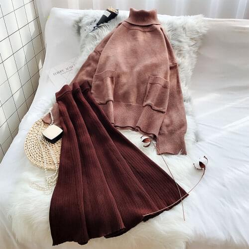 Winter New 2021 Women 2 Pieces Skirts Sets Turtleneck Knitted Sweater and A-line Loose Skirts Lady Female Thicken Warm Dress Set
