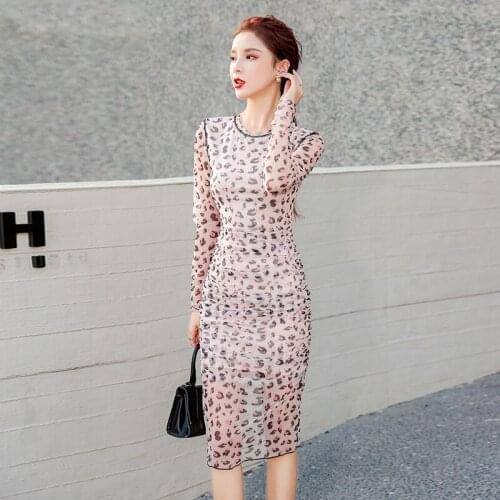 New arrival fashion comfortable perspective sexy formal dress high quality fresh chiffon leopard print cute slim pencil dress