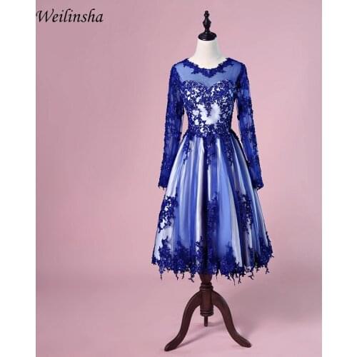 Weilinsha Long Sleeves Arabic Evening Dresses Scoop Neck Applique A-line Prom Dress Short Evening Gowns Robes De Soiree