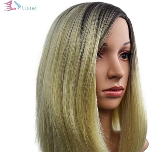 Uenel High Temperature Fiber Medium Gold Straight Ombre Synthetic Wigs For Women Cosplay Heat-resistant 13Inch Free Shipping