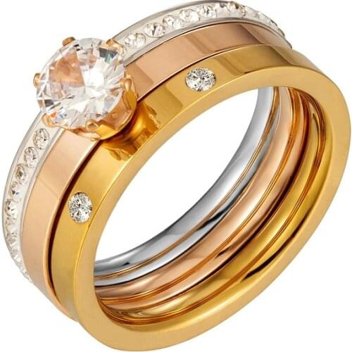 Luxury 3 in 1Stainless Steel Ring Set CZ Crystal Rhinestone Gold Color Finger Ring For Women Girls Bride Love Wedding Jewelry