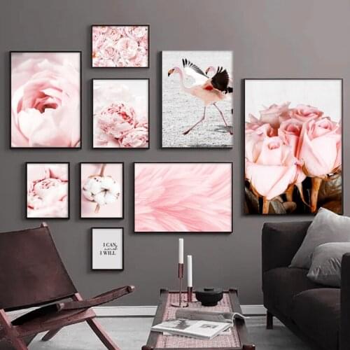 Pink Feather Peony Flower Flamingo Cotton Wall Art Canvas Painting Nordic Posters And Prints Wall Pictures For Living Room Decor