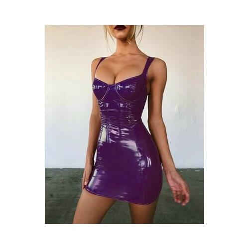 Sexy Backless Club Party Short Dress Solid Black Wet Look Latex Bodycon Faux Leather Push Up Bra Mini Micro Dress