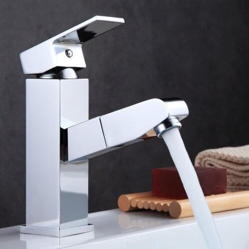 Bathroom Basin Faucet Pull Out Sink Tap Copper Hot and Cold Water Mixer Tap Crane Single Hole Square Deck Mounted Waterfall Tap