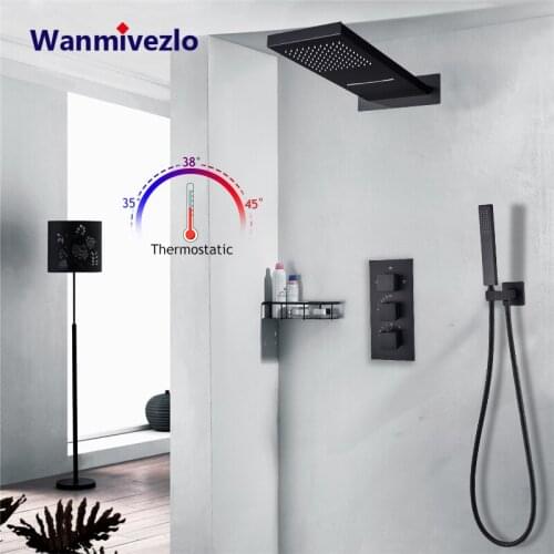 Thermostatic Black Bathroom Shower Faucet Set Rainfall/Waterfall Rectangle Shower Head 3-Ways Square Handles Shower Mixer Tap