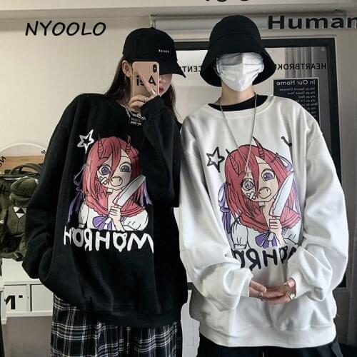 NYOOLO Harajuku Cartoon Violence Girl Letters Print Long Sleeve Plus Velvet Hoody Women Men Winter Pullovers Fleece Sweatshirt