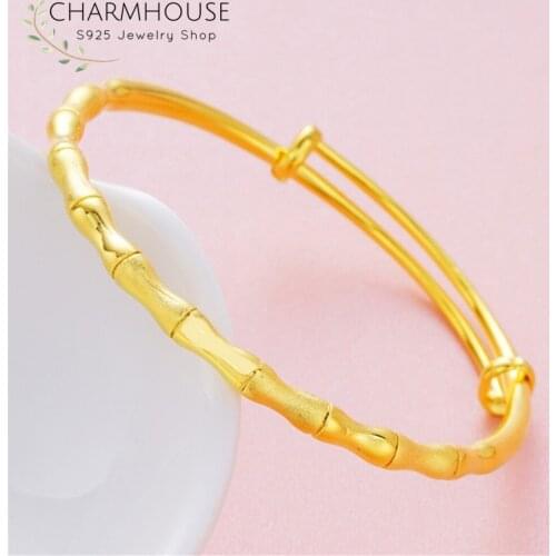 Yellow Gold GP Bangles For Women Bamboo Cuff Bracelet & Bangle Adjustable Wristband Puelseira Femme Wedding Engagement Jewelry