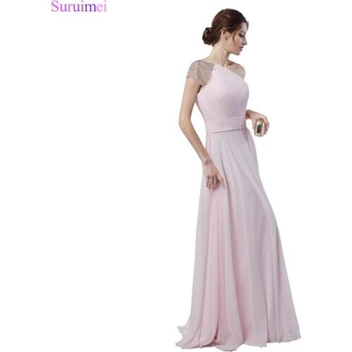 Pearl Pink Prom Dresses Chiffon Beaded One Shouler Strap Floor Length Elegant Long Girls Prom Gown