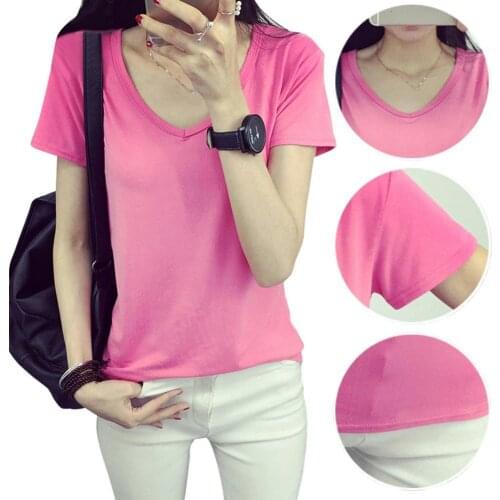 2021 New Summer T Shirt Solid Color Slim basis Top Casual Women V Neck Short Sleeve ladies T-shirt
