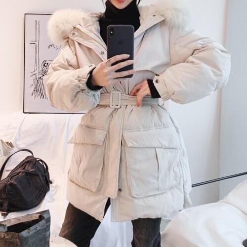 Thick Warm Sash Tie Up Short Parkas Snow Coat Large Natural Raccoon Fur Winter Jacket Women 90% White Duck Down Coats Pockets