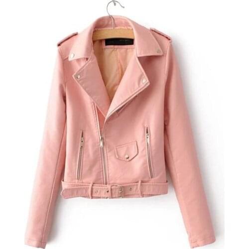 Zipper collar Women pu Jackets Outer wear Top Pink S-3XL Spring Autumn Bright pu Jacket Coats for Women Artificial Leather Zippe