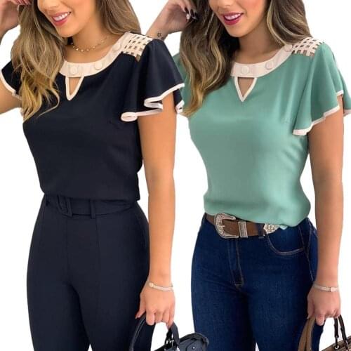 New Stylish Women Fashion Polyester Short Ruffled Sleeve Hollow Out Shoulder Office Leisure Blouse T-shirt Top