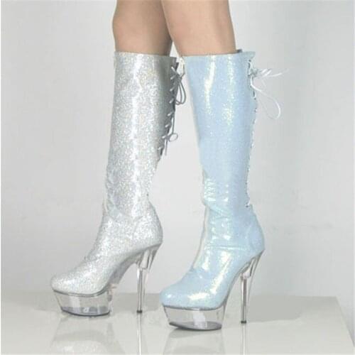 Platform Boots Sequins Women Shoes Fashion Lace Up 15cm High Heels Gold Transparent Heels Spring Ladies Long Boots Plus Size 46